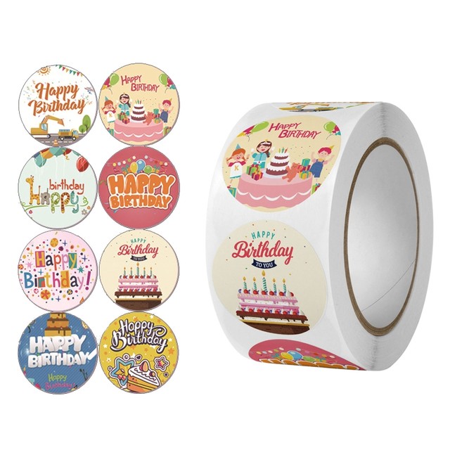 500 Pcs Round Happy Birthday Stickers Roll Self Adhesive Birthday Party  Decor Stickers Presents Gifts Sealing
